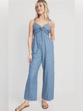 Old Navy Tie-Strap Twist-Front Jumpsuit Blue Chambray Denim M Ruched Back NEW
